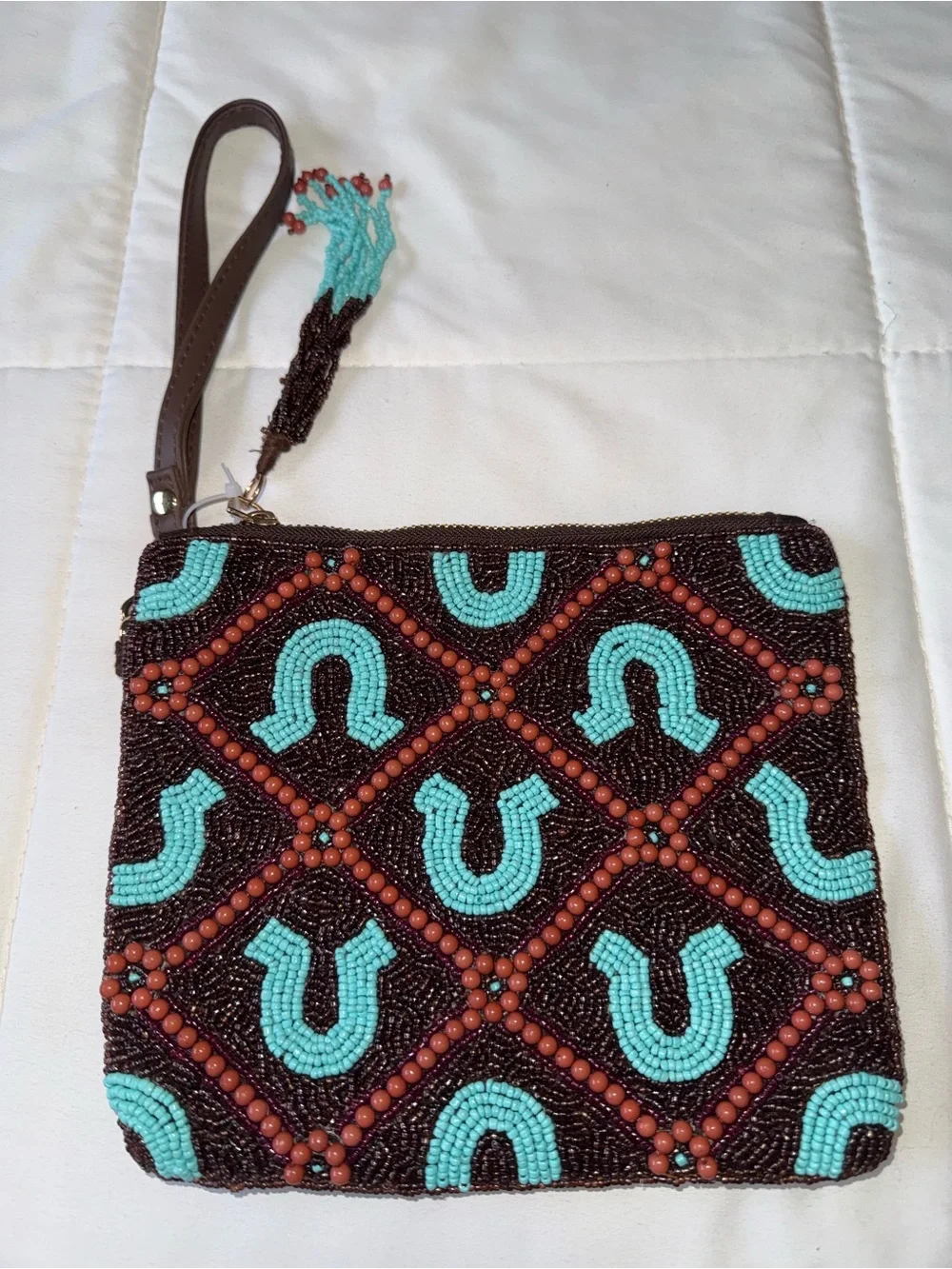 NWOT- sincerely Jules beaded wristlet clutch  Brown turquoise BoHo  SW 7 x 8”